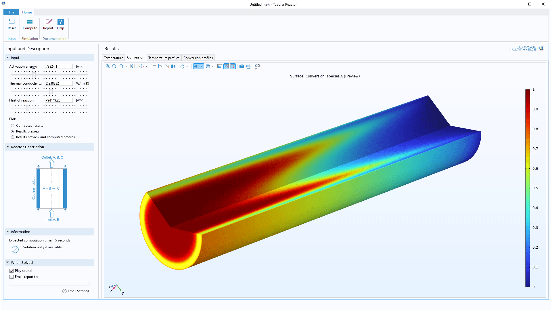 The Tubular Reactor Surrogate App showing the conversion plot within the Graphics window.