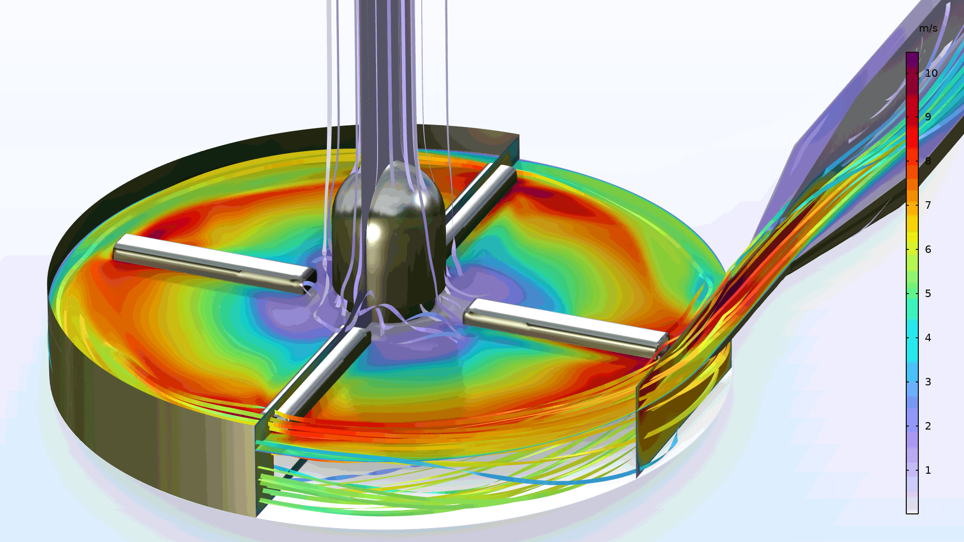 A centrifugal blood pump model in the Prism color table.