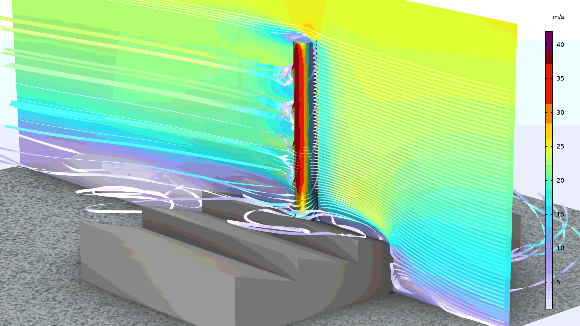 A chimney model showing the turbulent flow in the Prism color table.