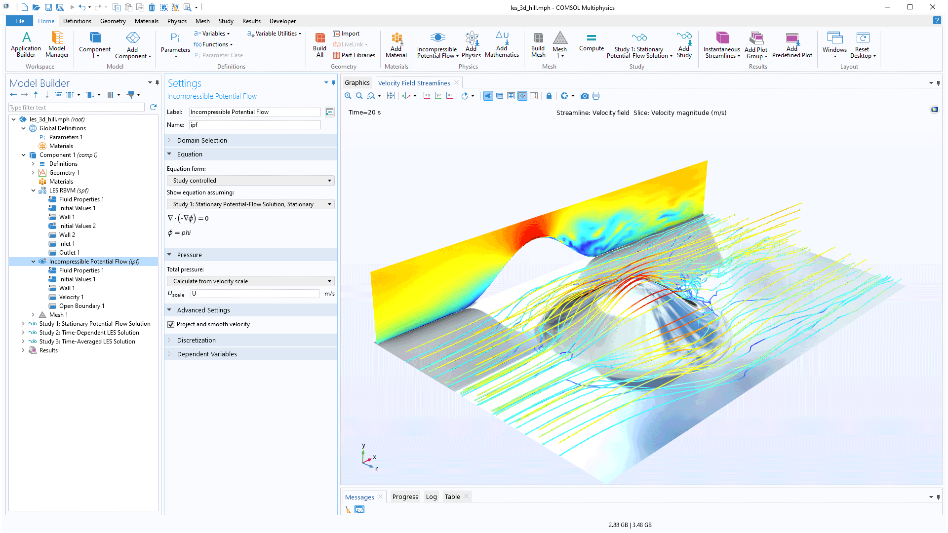 The COMSOL Multiphysics UI showing the Model Builder with the Incompressible Potential Flow node highlighted, the corresponding Settings window, and a 3D hill model in the Graphics window.
