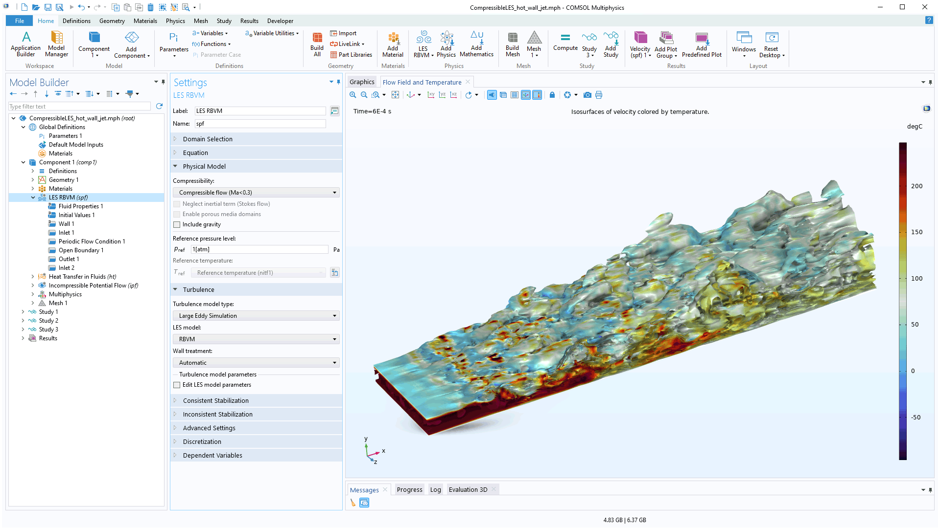 The COMSOL Multiphysics UI showing the Model Builder with the LES RVBM node highlighted, the corresponding Settings window, and a wall jet model in the Graphics window.