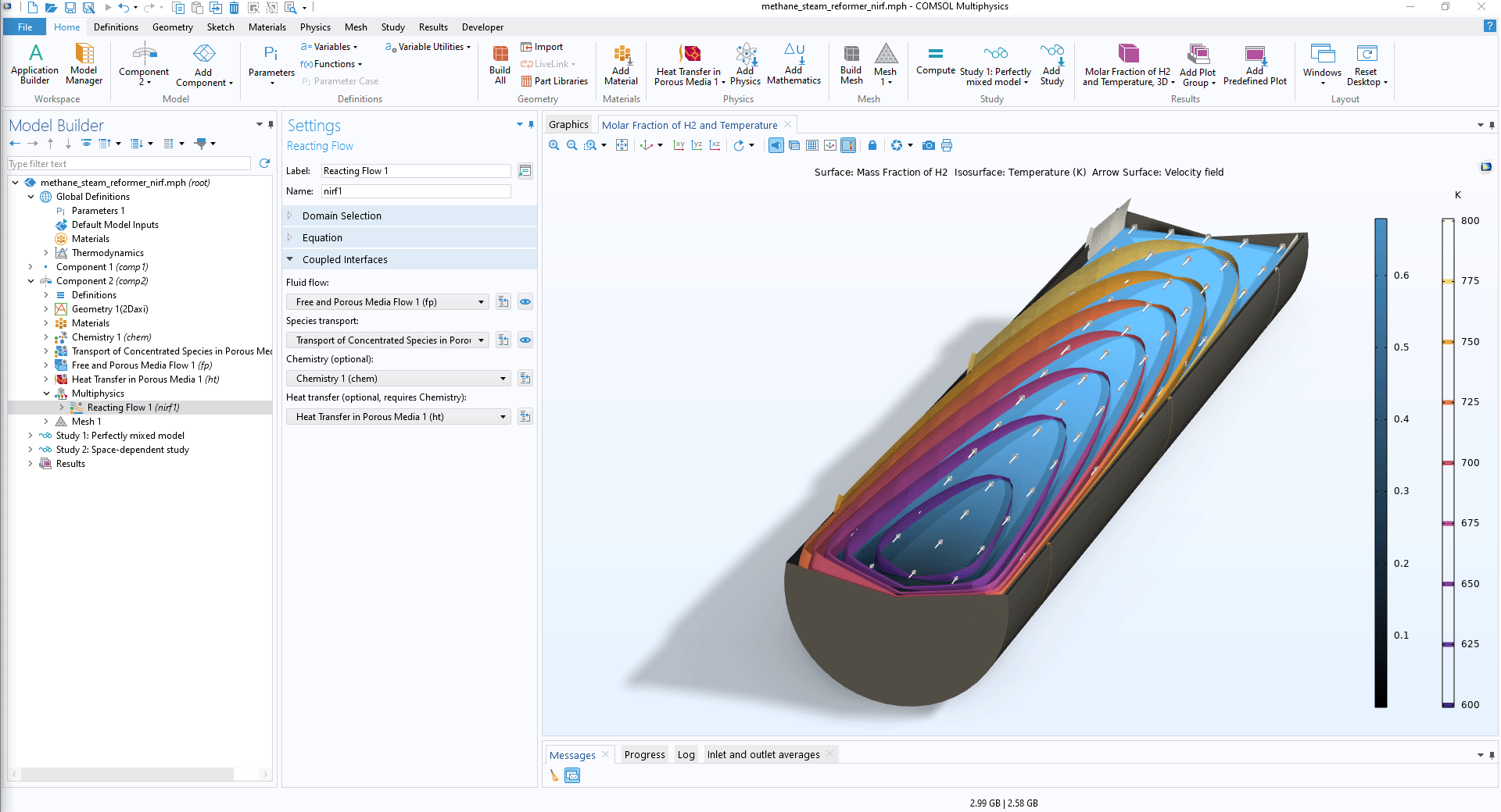 The COMSOL Multiphysics UI showing the Reacting Flow multiphysics coupling node highlighted, the corresponding Settings window, and a methane steam reformer model in the Graphics window.