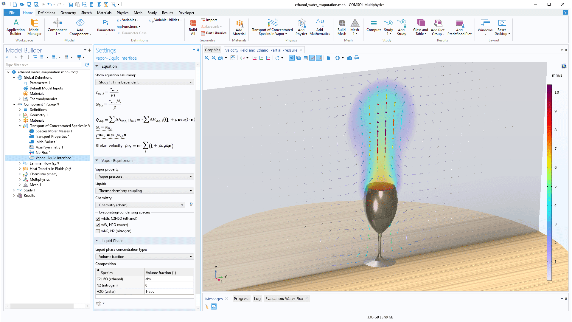 The COMSOL Multiphysics UI showing the Model Builder with the Vapor–Liquid Interface node highlighted, the corresponding Settings window, and an ethanol–water mixture model in the Graphics window.