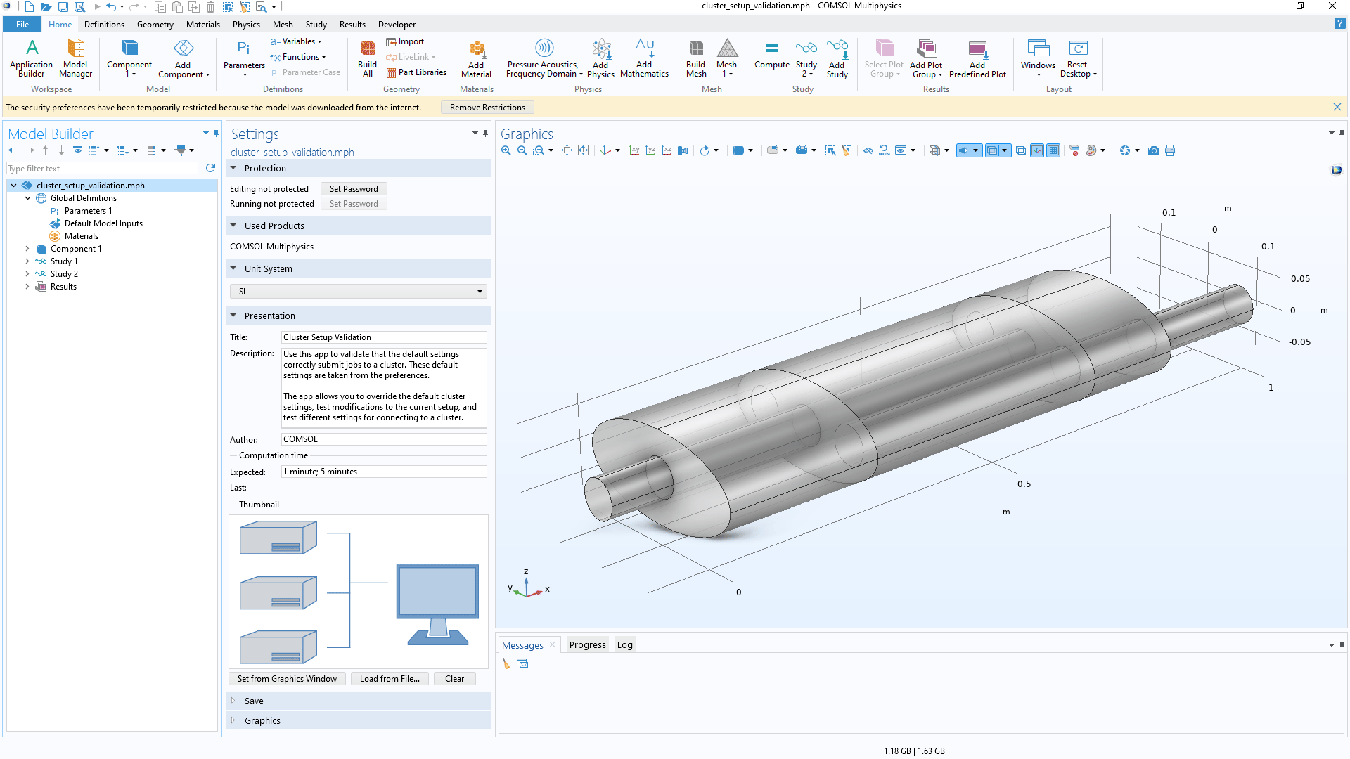 The COMSOL Multiphysics UI with a yellow restriction warning banner underneath the Model Builder ribbon and a button to remove the restrictions.
