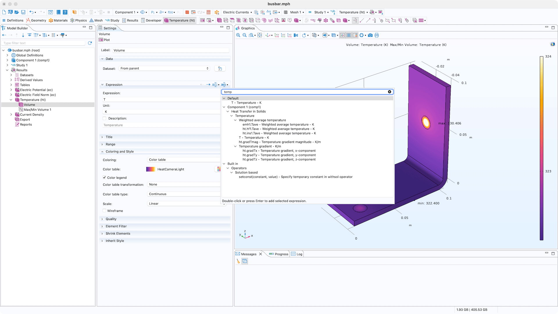 The COMSOL Multiphysics UI on a MacOS platform with the Replace Expression tree open.