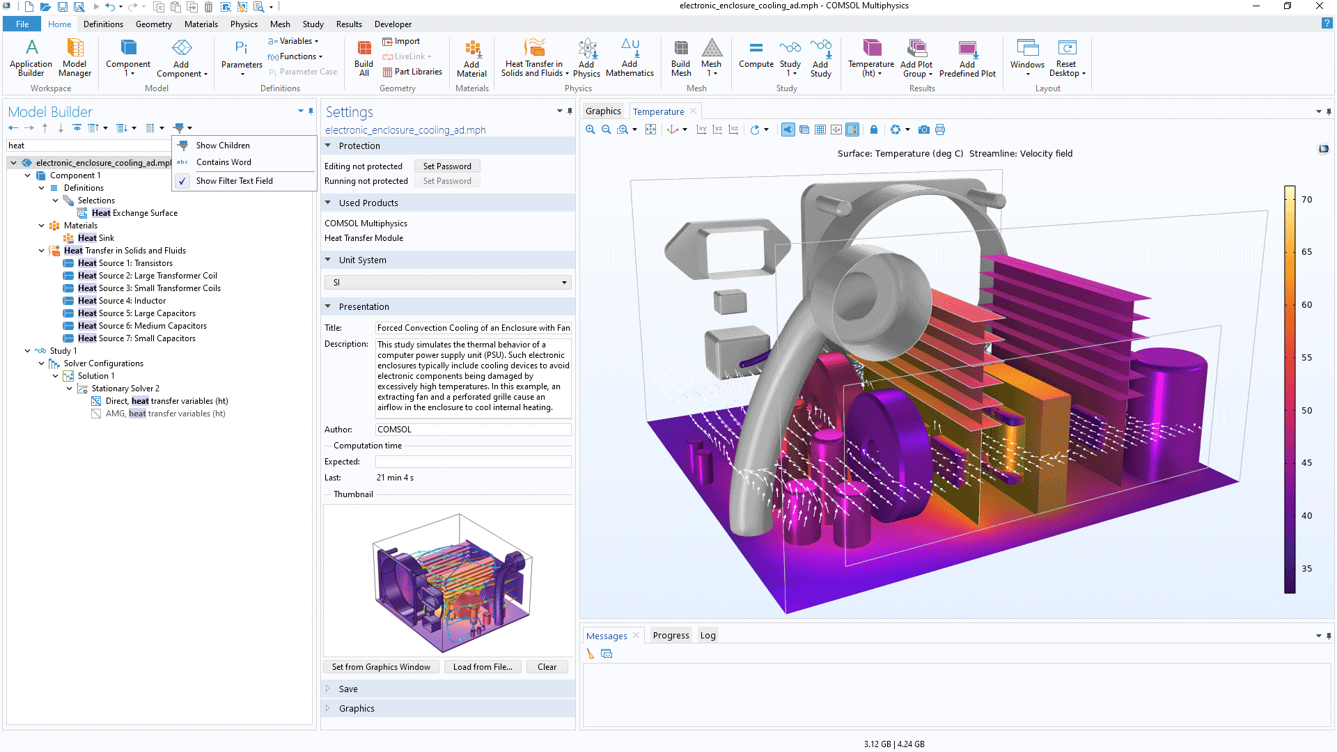 The COMSOL Multiphysics UI with the term "heat" typed into the Model Builder filter text field and the corresponding heat nodes highlighted within the model tree.