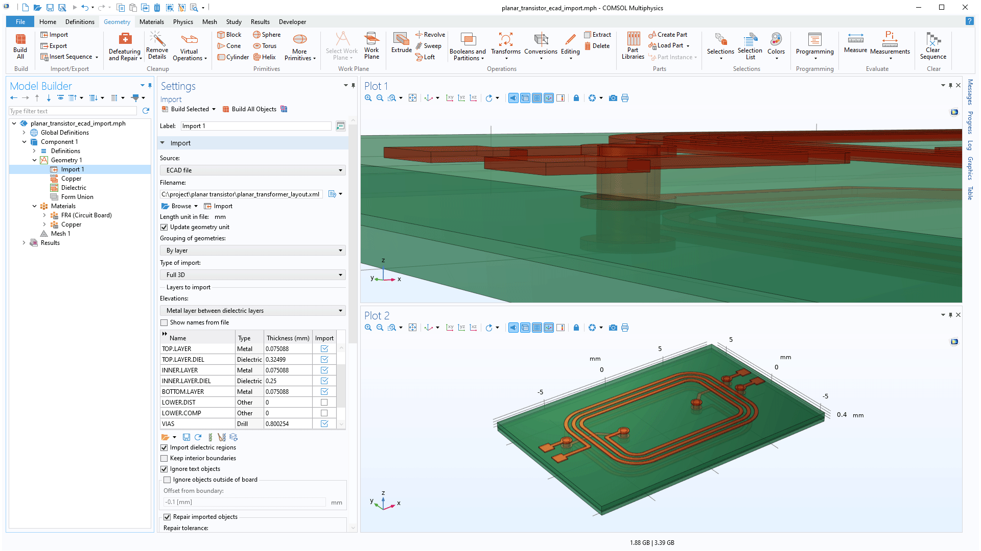 The COMSOL Multiphysics UI showing the Model Builder with the Import node highlighted, the corresponding Settings window, and two Graphics windows.