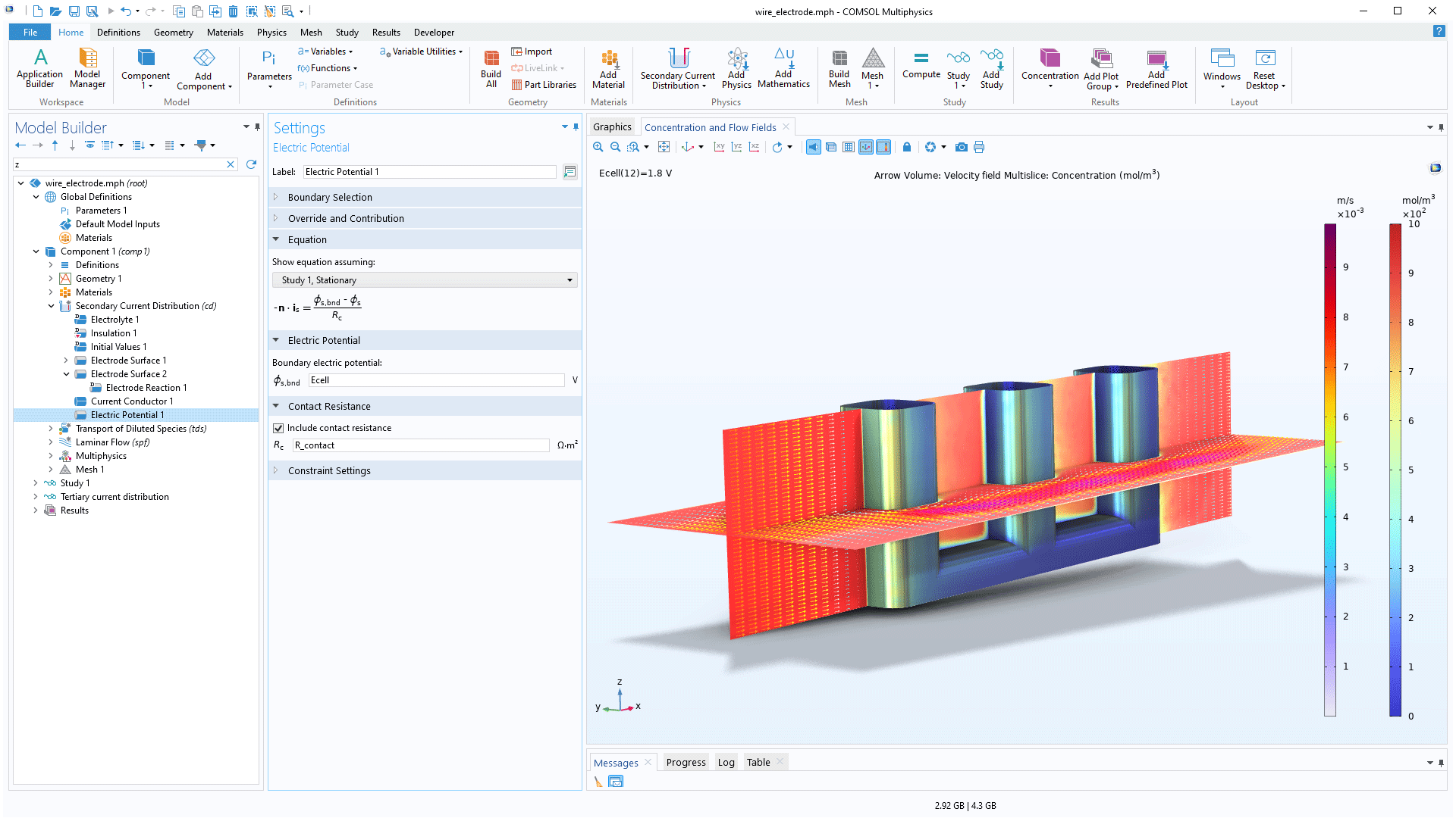 The COMSOL Multiphysics UI showing the Model Builder with the Electrode Potential node highlighted, the corresponding Settings window, and a wire electrode model in the Graphics window.