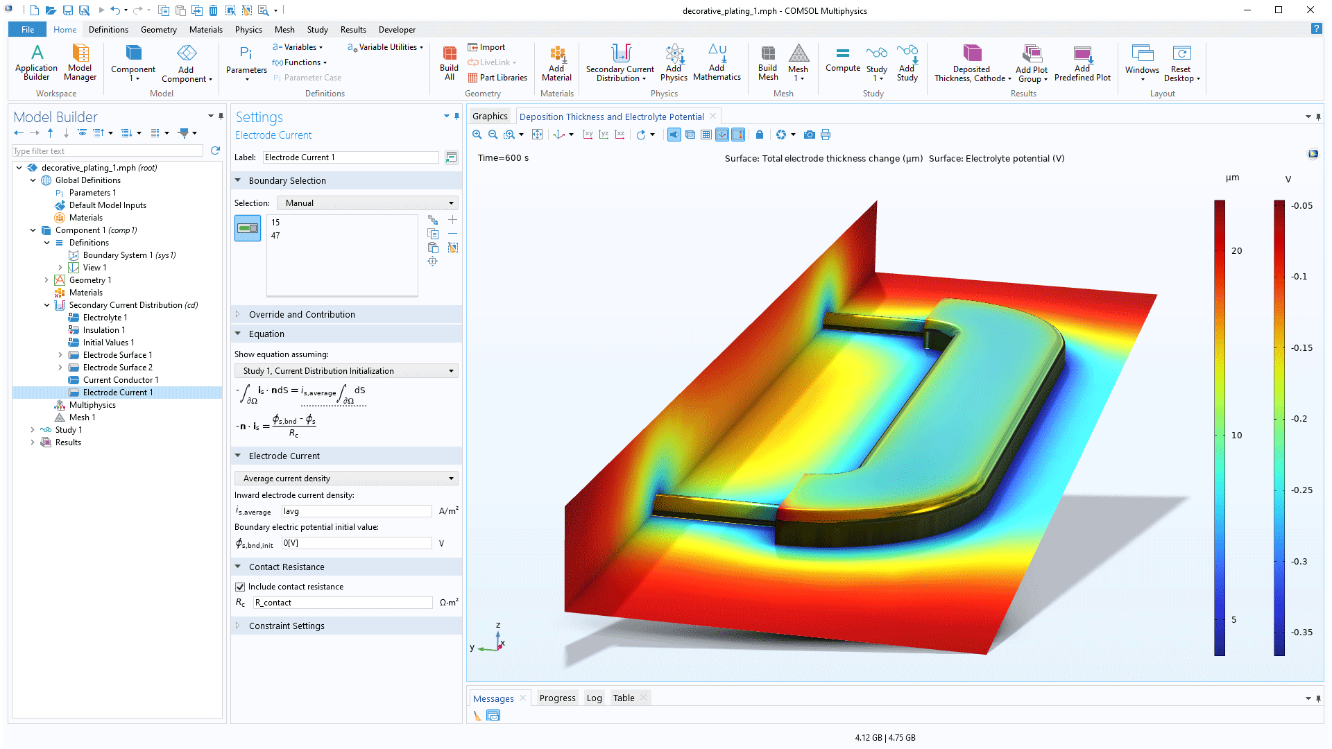 The COMSOL Multiphysics UI showing the Model Builder with the Electrode Current node highlighted, the corresponding Settings window, and a decorative plating model in the Graphics window.