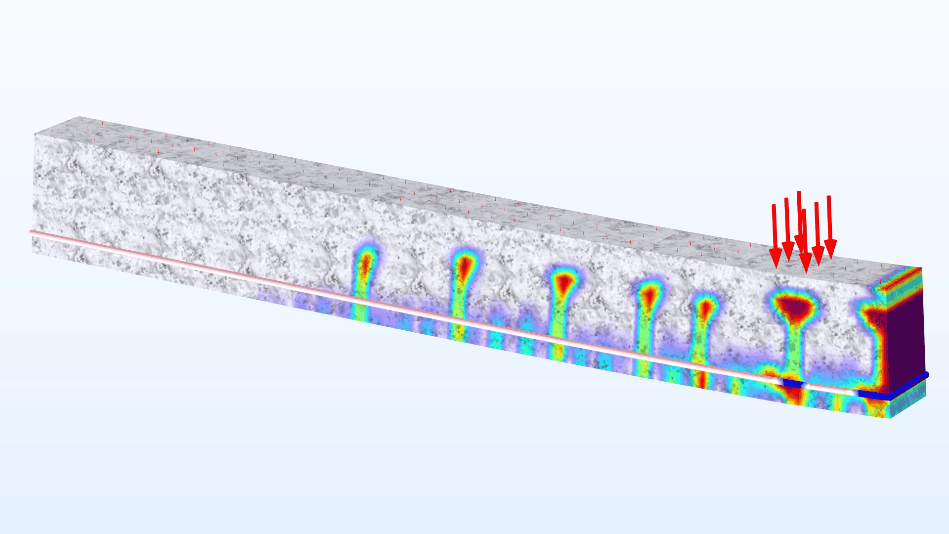 A concrete beam model showing the damage in the Prism color table, with red arrows representing a load on the top surface of the beam.
