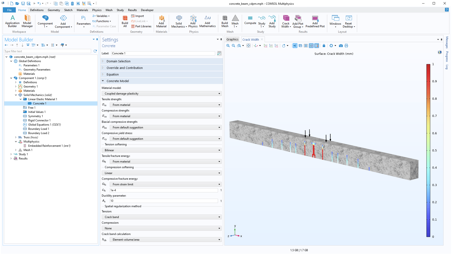 The COMSOL Multiphysics UI showing the Model Builder with the Concrete node highlighted, the corresponding Settings window, and a concrete beam in the Graphics window.