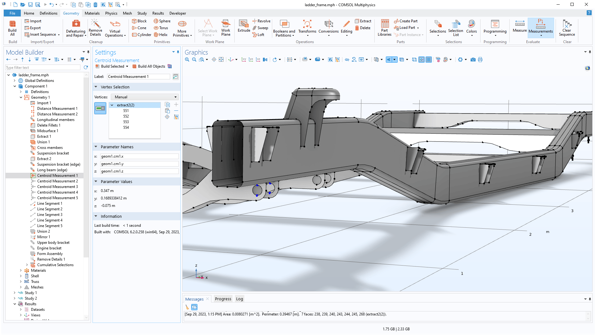 The COMSOL Multiphysics UI showing the Model Builder with the Centroid Measurement node highlighted, the corresponding Settings window, and a ladder frame model in the Graphics window.