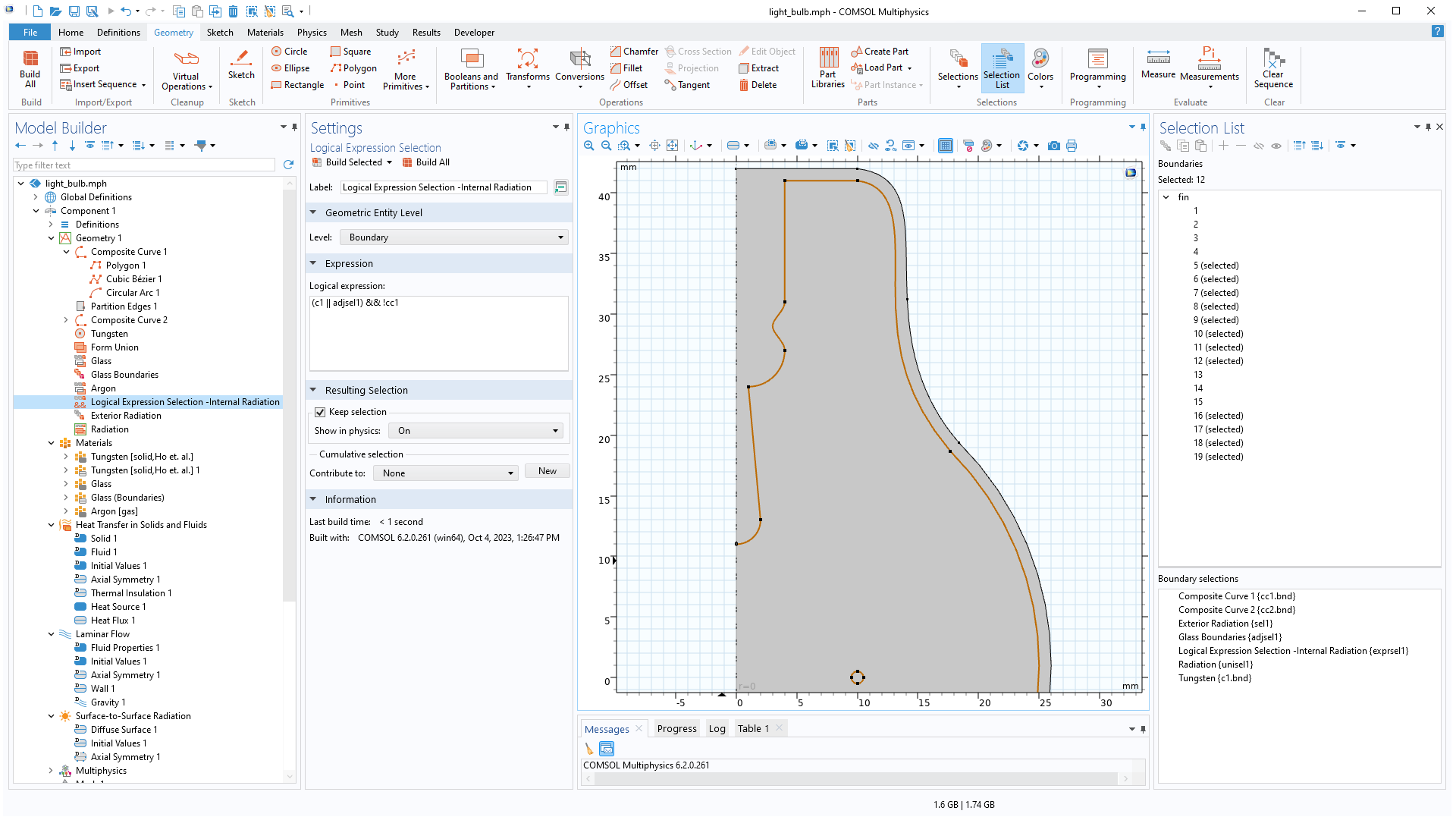 The COMSOL Multiphysics UI showing the Model Builder with a Logical Expression Selection node highlighted, the corresponding Settings window, and a light bulb model in the Graphics window.