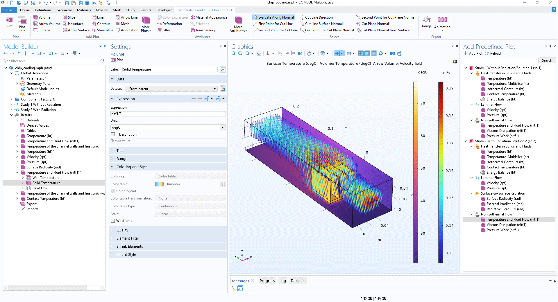 The COMSOL Multiphysics UI showing the Model Builder with a Volume node highlighted, the corresponding Settings window, and a battery chip cooling model in the Graphics window.