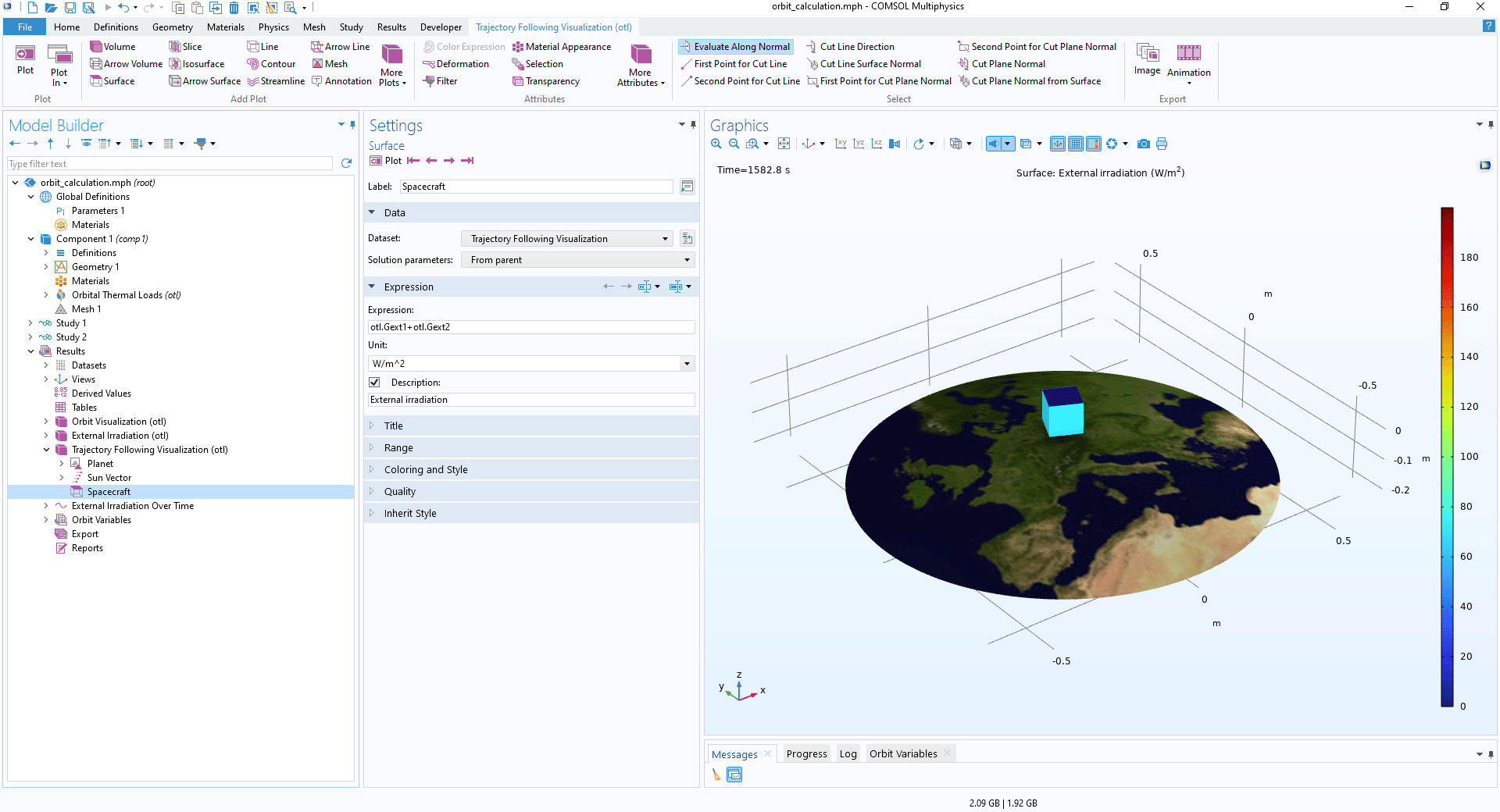 The COMSOL Multiphysics UI showing the Model Builder with a Surface plot highlighted, the corresponding Settings window, and an orbit calculation model in the Graphics window.