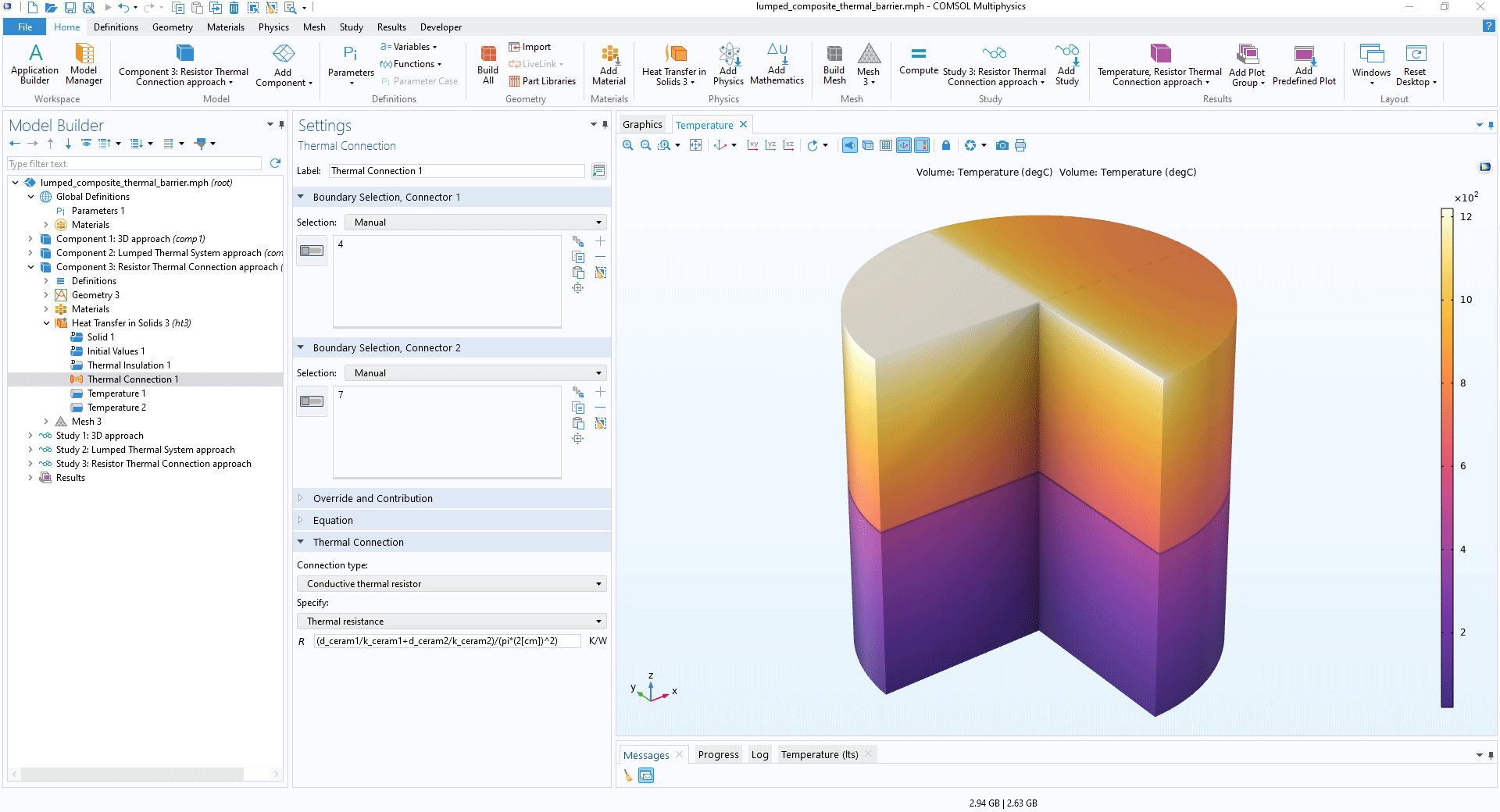 The COMSOL Multiphysics UI showing the Model Builder with the Thermal Connection node highlighted, the corresponding Settings window, and a lumped composite model in the Graphics window.