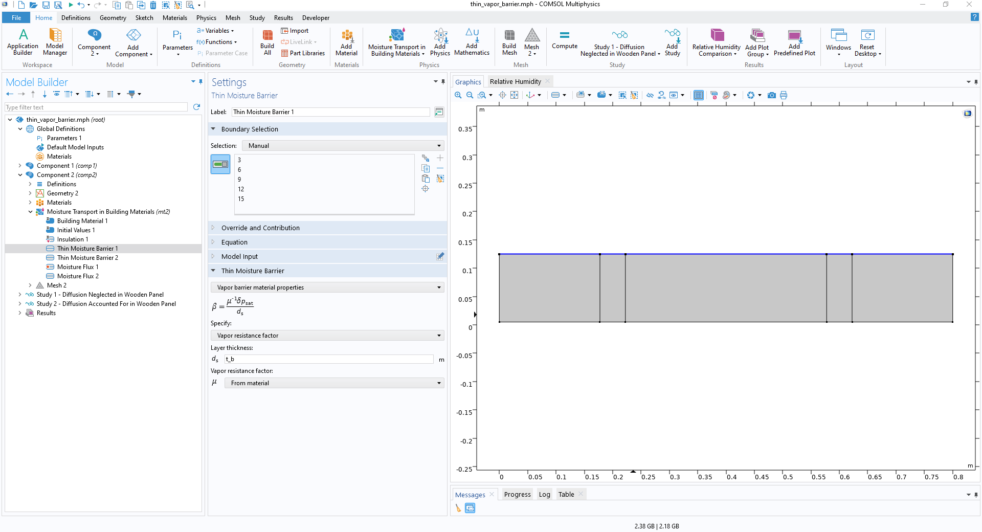 The COMSOL Multiphysics UI showing the Model Builder with a Thin Moisture Barrier node highlighted, the corresponding Settings window, and a thin vapor barrier model in the Graphics window.