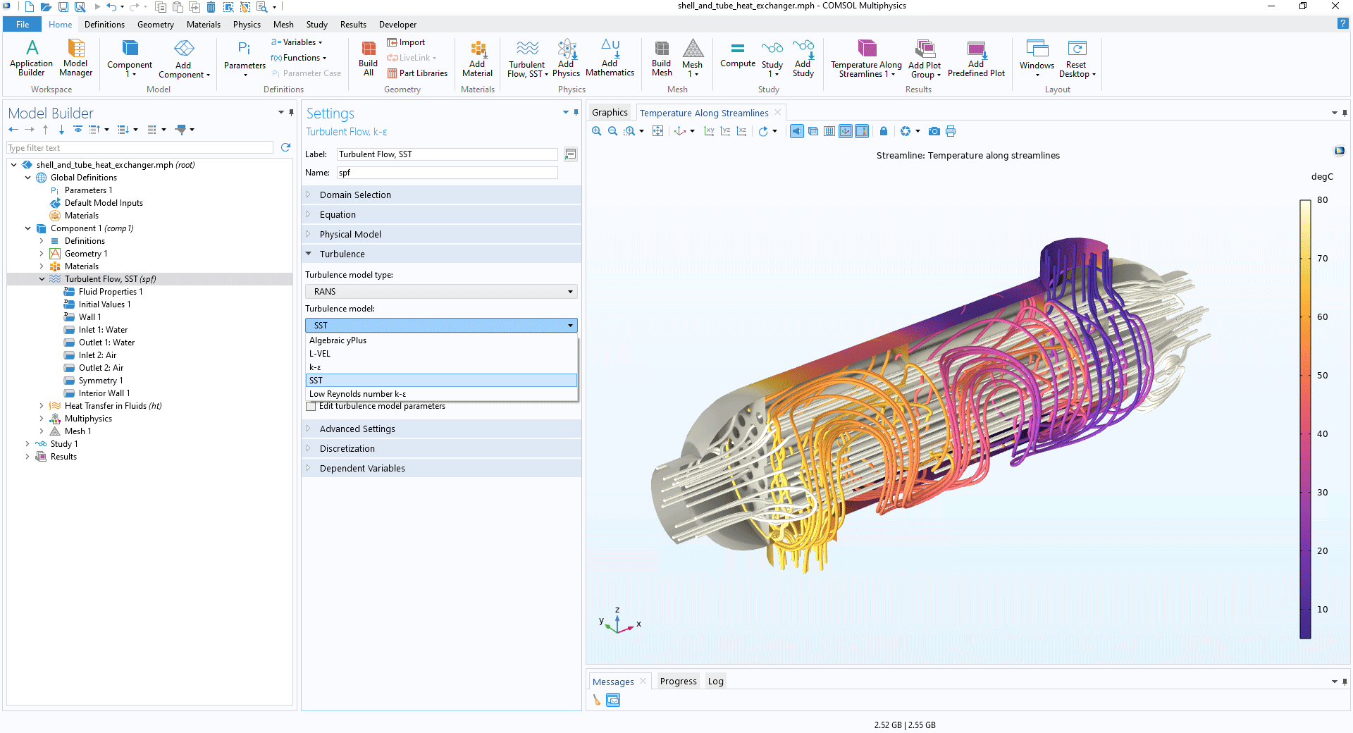 The COMSOL Multiphysics UI showing the Model Builder with the Turbulent Flow, SST interface node highlighted, the corresponding Settings window, and a heat exchanger model in the Graphics window.