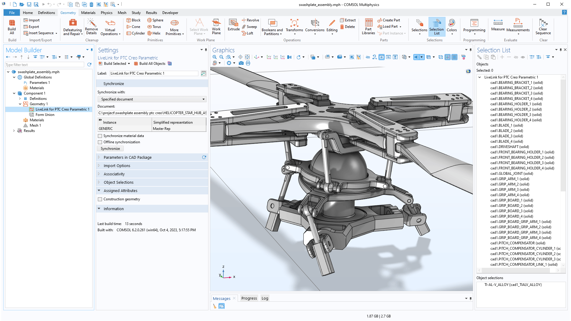 The COMSOL Multiphysics UI showing the Model Builder with the LiveLink for PTC Creo Parametric node highlighted, the corresponding Settings window, a helicopter model in the Graphics window, and the Selection List window open.