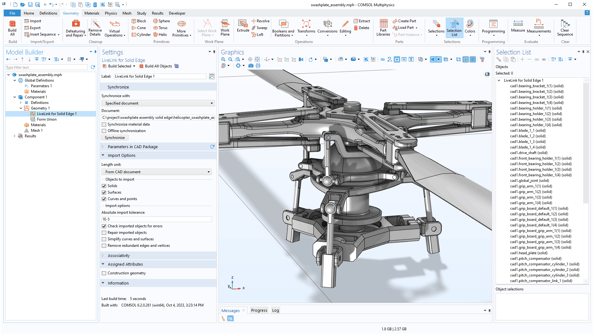 The COMSOL Multiphysics UI showing the Model Builder with the LiveLink for Solid Edge node highlighted, the corresponding Settings window, a helicopter model in the Graphics window, and the Selection List window open.