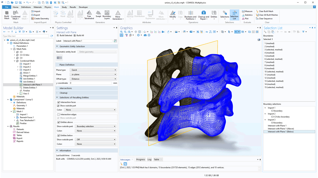 The COMSOL Multiphysics UI showing the Model Builder with the Intersect with Plane node highlighted, the corresponding Settings window, and half of a human airway model highlighted in blue in the Graphics window.