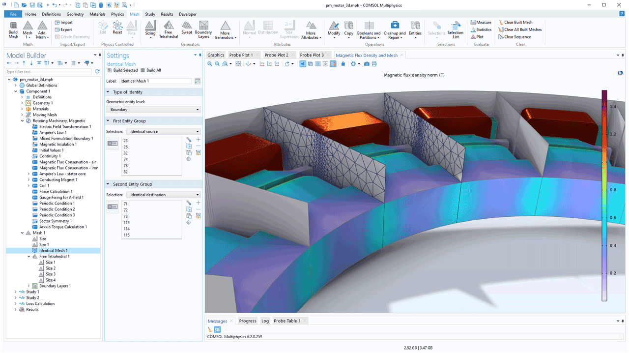 The COMSOL Multiphysics UI showing the Model Builder with the Identical Mesh node highlighted, the corresponding Settings window, and a permanent magnet motor model in the Graphics window.