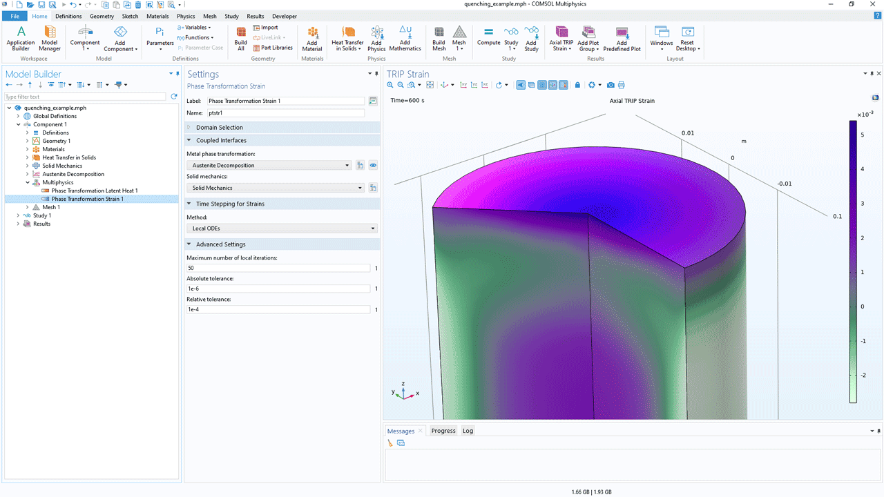 The COMSOL Multiphysics UI showing the Model Builder with the Phase Transformation Strain node highlighted, the corresponding Settings window, and a quenching model in the Graphics window.