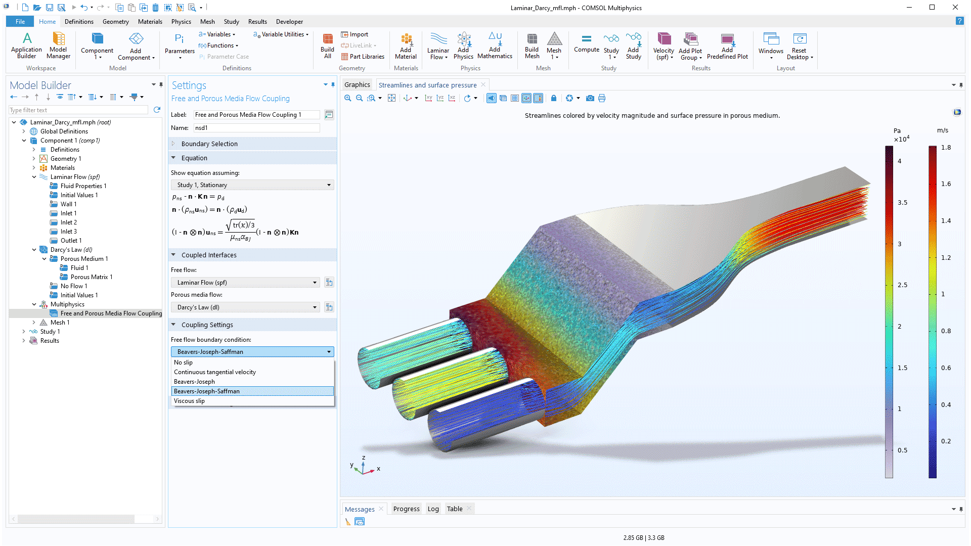 The COMSOL Multiphysics UI showing the Model Builder with the Free and Porous Media Flow Coupling node highlighted, the corresponding Settings window, and a nozzle model in the Graphics window.