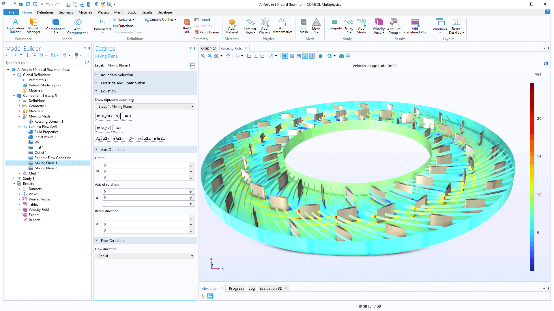 The COMSOL Multiphysics UI showing the Model Builder with the Mixing Plane node highlighted, the corresponding Settings window, and a rotor model in the Graphics window.