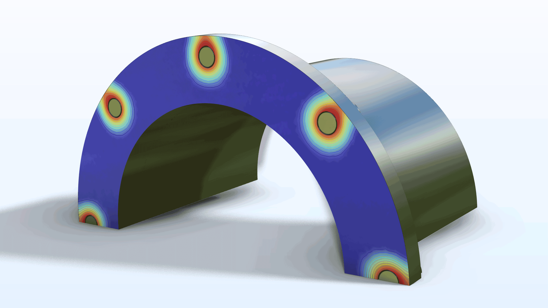Half of a tube connection model showing the contact pressure in the Rainbow color table.