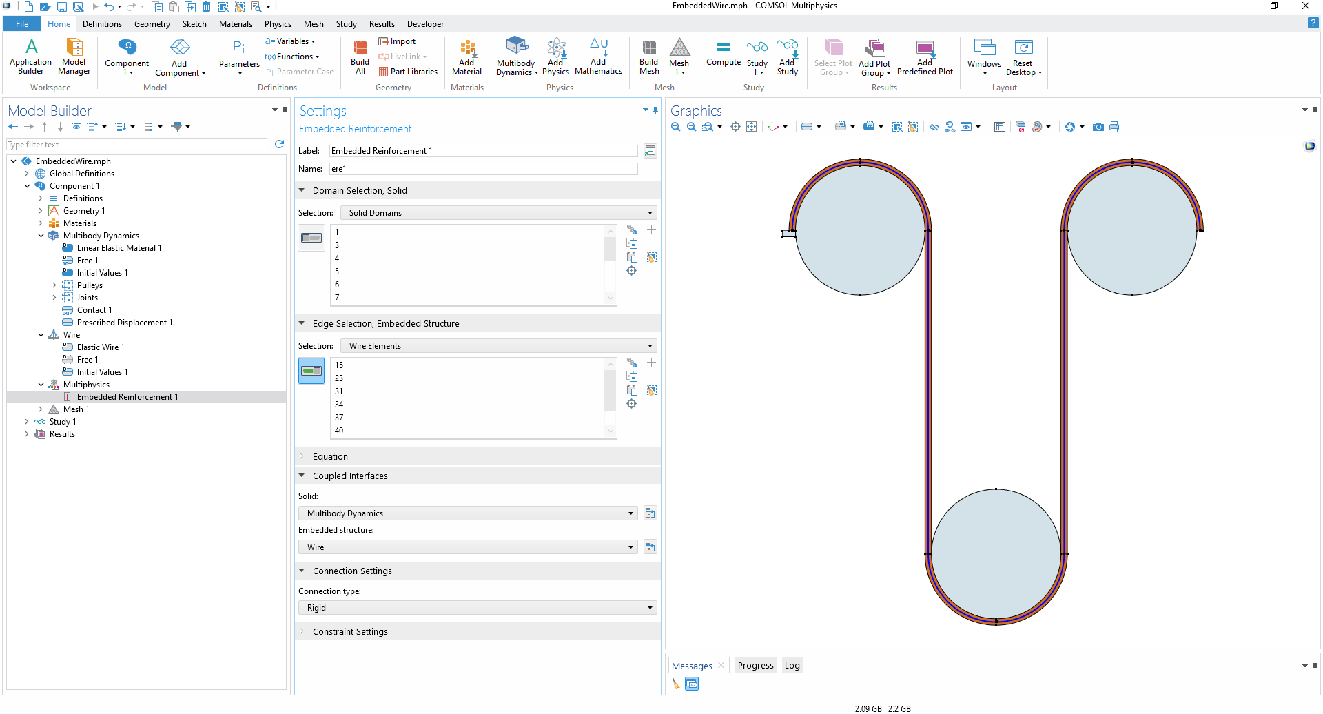 The COMSOL Multiphysics UI showing the Model Builder with the Embedded Reinforcement node highlighted, the corresponding Settings window, and a cable–pulley model in the Graphics window.