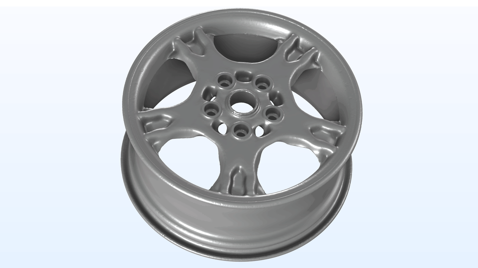 A topology-optimized wheel rim model in gray.
