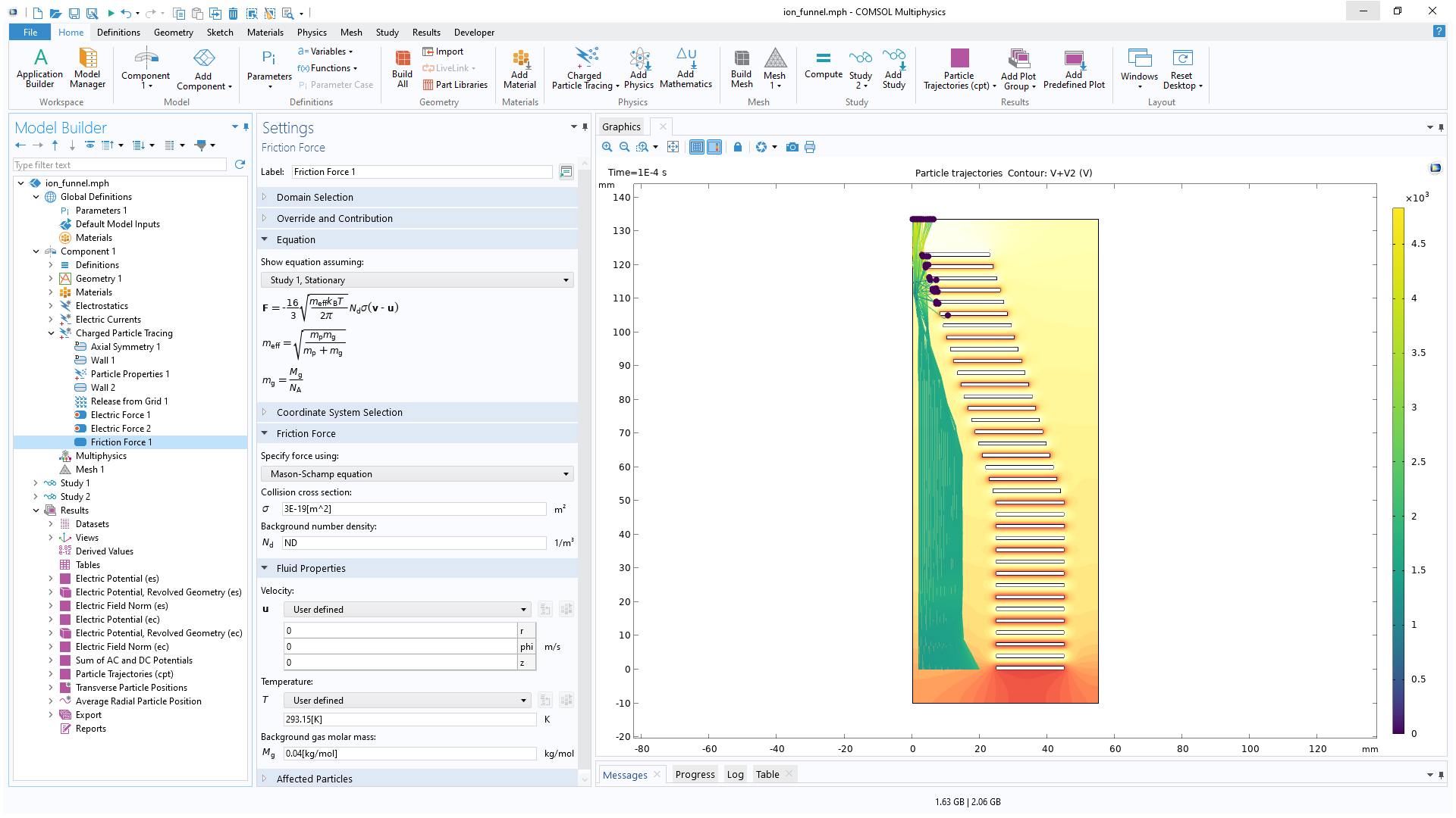 The COMSOL Multiphysics UI showing the Model Builder with the Friction Force node highlighted, the corresponding Settings window, and an ion funnel model in the Graphics window.