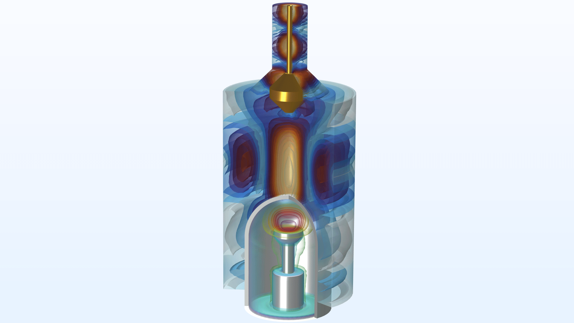 A plasma reactor model with isosurfaces in the Thermal Wave color table.