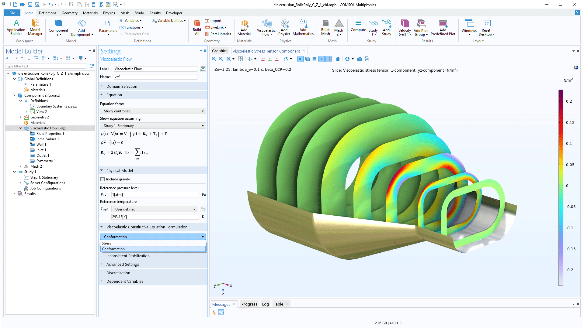 The COMSOL Multiphysics UI showing the Model Builder with the Viscoelastic Flow node highlighted, the corresponding Settings window, and a die extrusion model in the Graphics window.