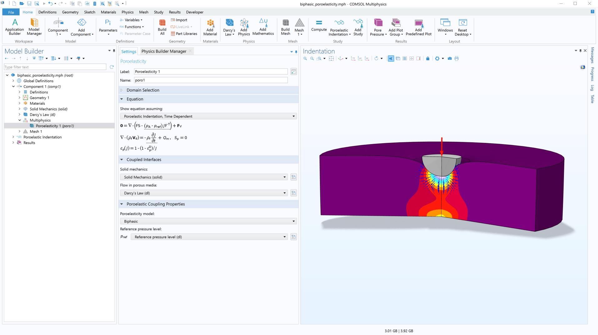 The COMSOL Multiphysics UI showing the Poroelasticity multiphysics coupling highlighted, the corresponding Settings window, and a poroelastic tissue model in the Graphics window.