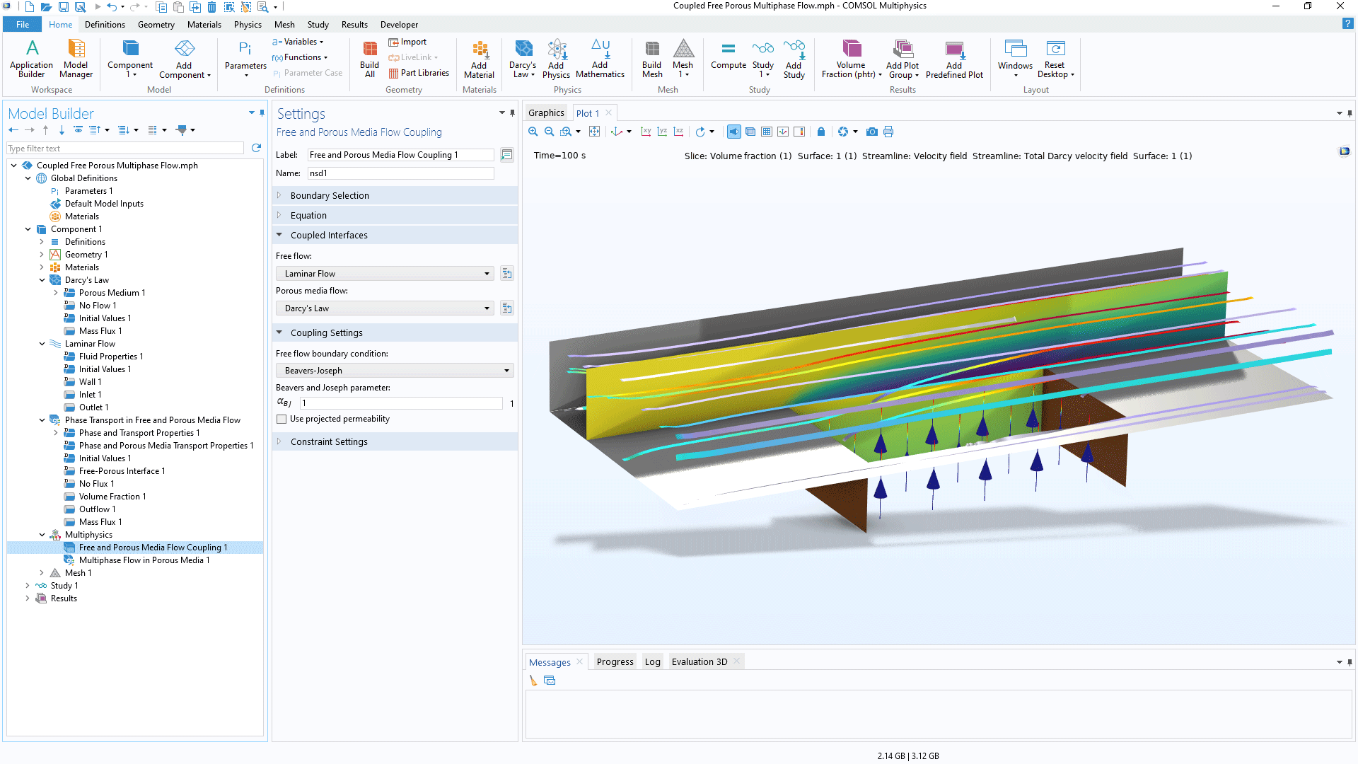 The COMSOL Multiphysics UI showing the Free and Porous Media Flow Coupling multiphysics coupling node highlighted, the corresponding Settings window, and a multiphase channel flow model in the Graphics window.