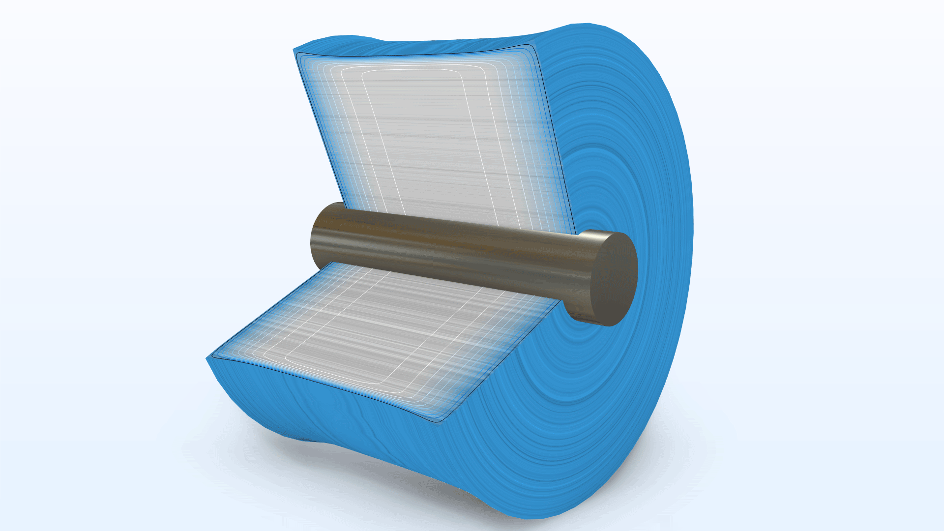 A paperboard roll model showing the relative humidity distribution and deformation throughout the material.
