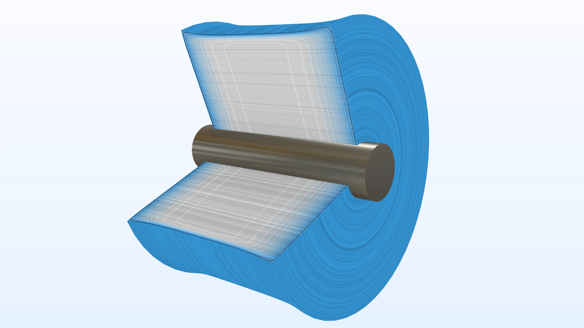 A paperboard roll model showing the relative humidity distribution and deformation throughout the material.
