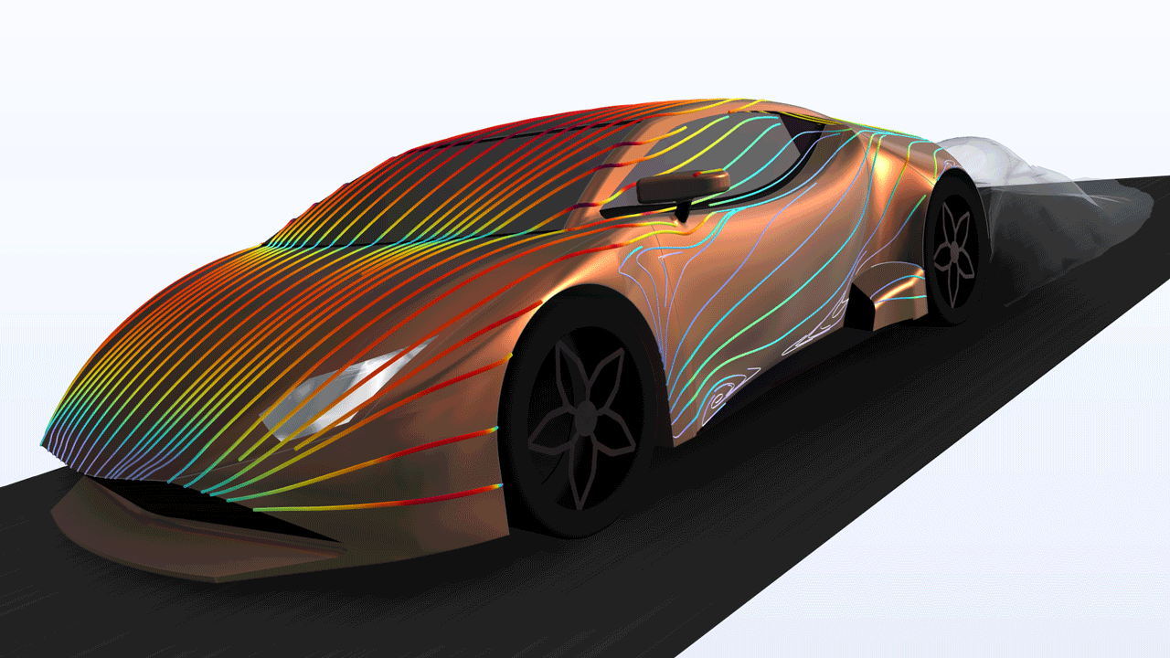 A sports car model with streamlines along the exterior.