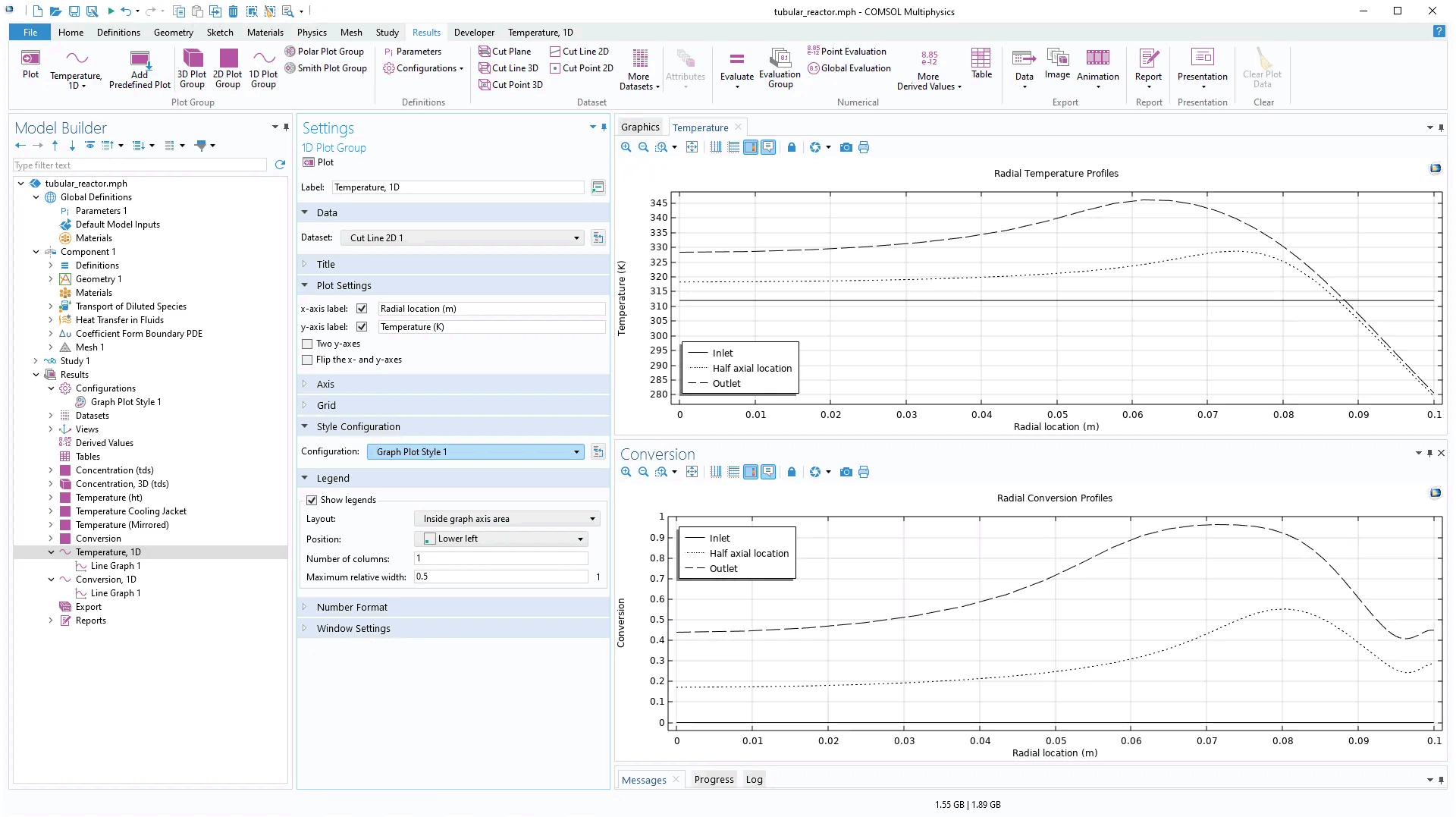 The COMSOL Multiphysics UI showing the Model Builder with a Graph Plot Style Configuration highlighted and selected within a 1D plot Settings window.