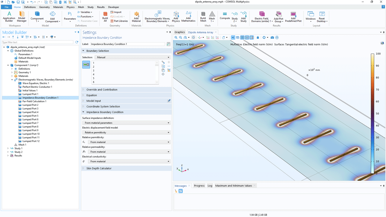 The COMSOL Multiphysics UI showing the Model Builder with the Impedance Boundary Condition node highlighted, the corresponding Settings window, and a dipole antenna array model in the Graphics windows.