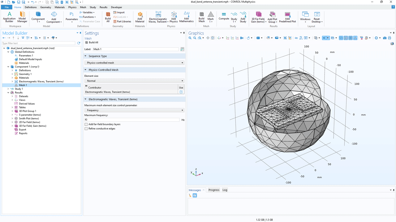 The COMSOL Multiphysics UI showing the Model Builder with the Mesh node highlighted, the corresponding Settings window with the frequency mesh element size option selected, and a dual-band antenna model in the Graphics window.
