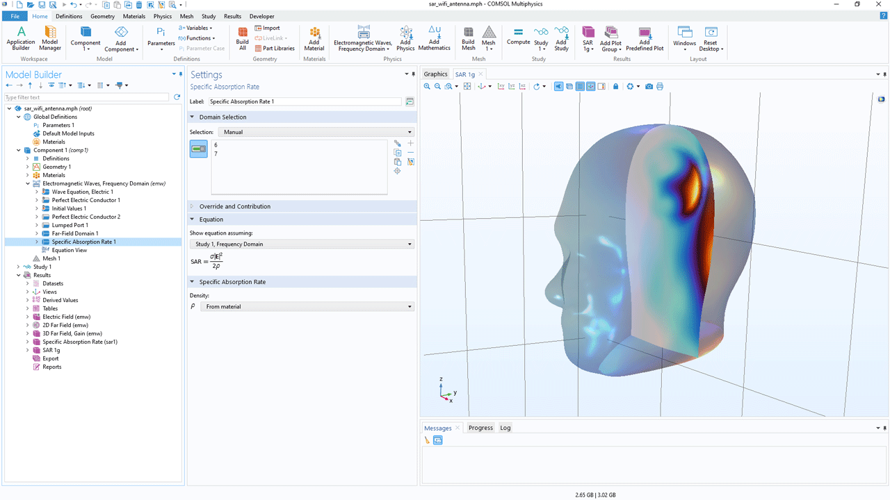 The COMSOL Multiphysics UI showing the Model Builder with the Specific Absorption Rate node highlighted, the corresponding Settings window, and a human head model in the Graphics window.