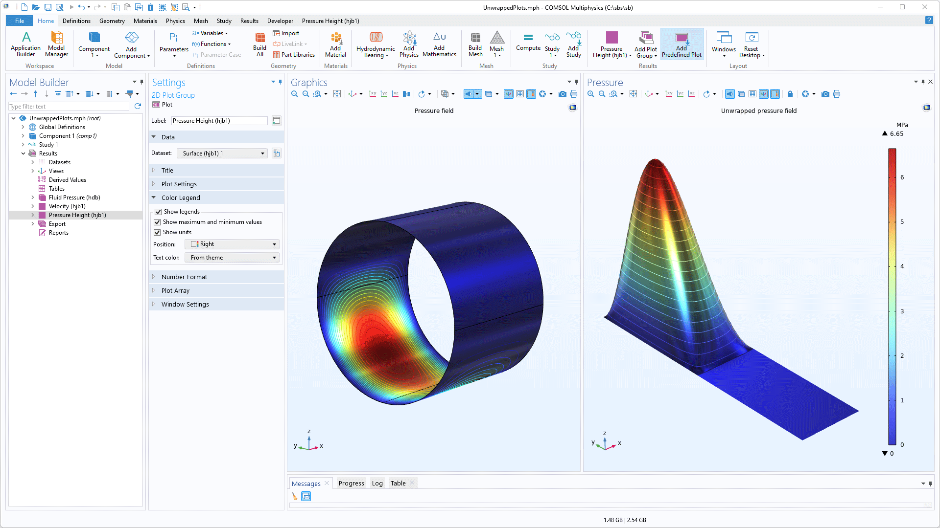 The COMSOL Multiphysics UI showing the Model Builder with a 2D Plot Group node highlighted, the corresponding Settings window, and two Graphics windows.