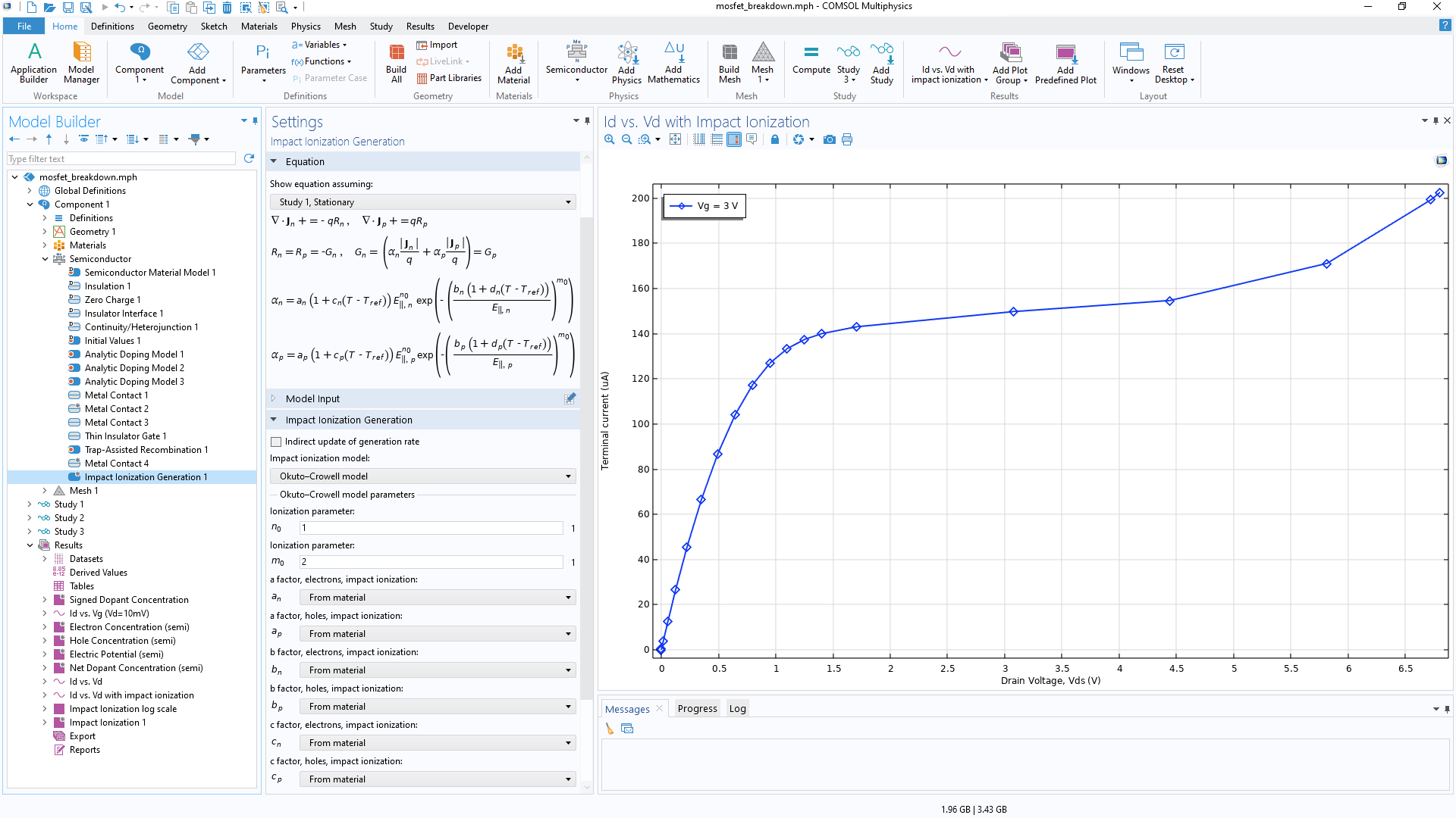 The COMSOL Multiphysics UI showing the Impact Ionization Generation node highlighted, the corresponding Settings window, and a 1D plot in the Graphics window.