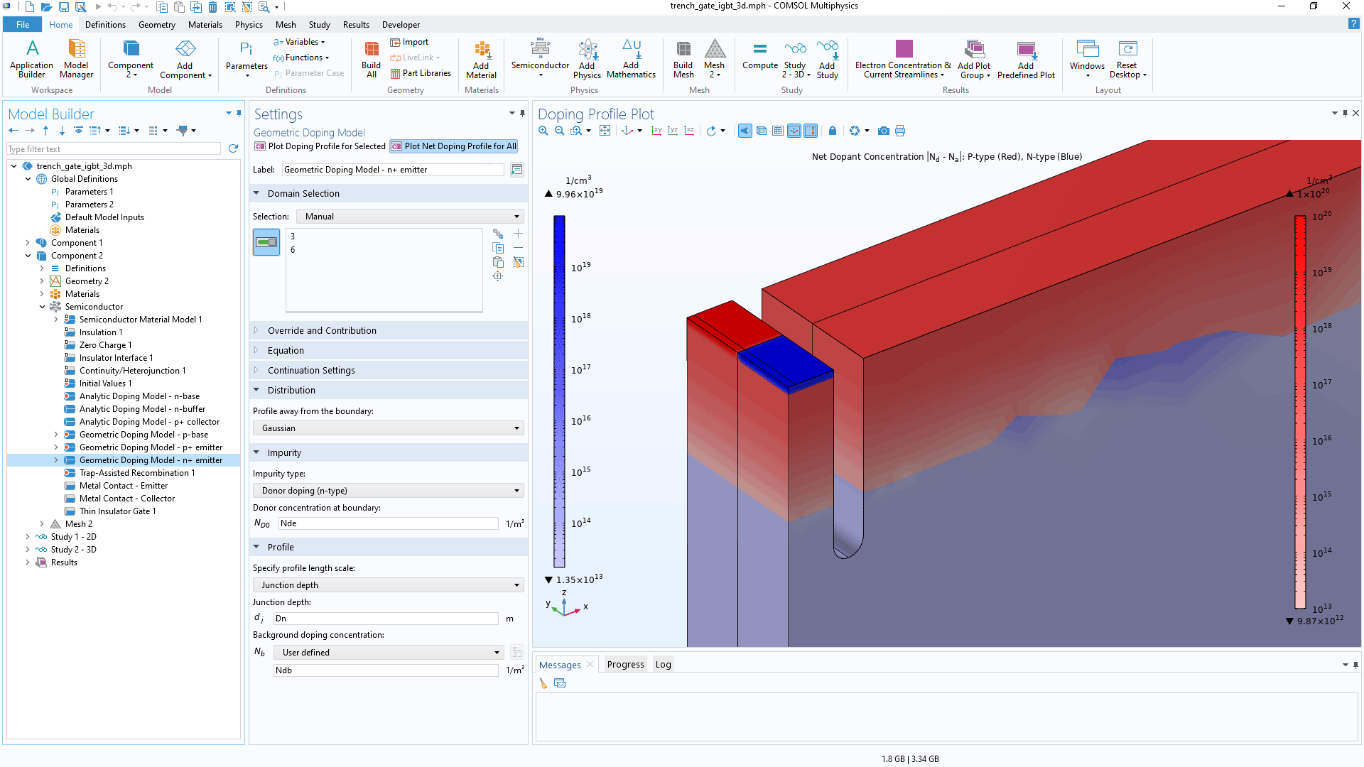 The COMSOL Multiphysics UI showing the Plot Net Doping Profile for All button highlighted and a trench gate model in the Graphics window.