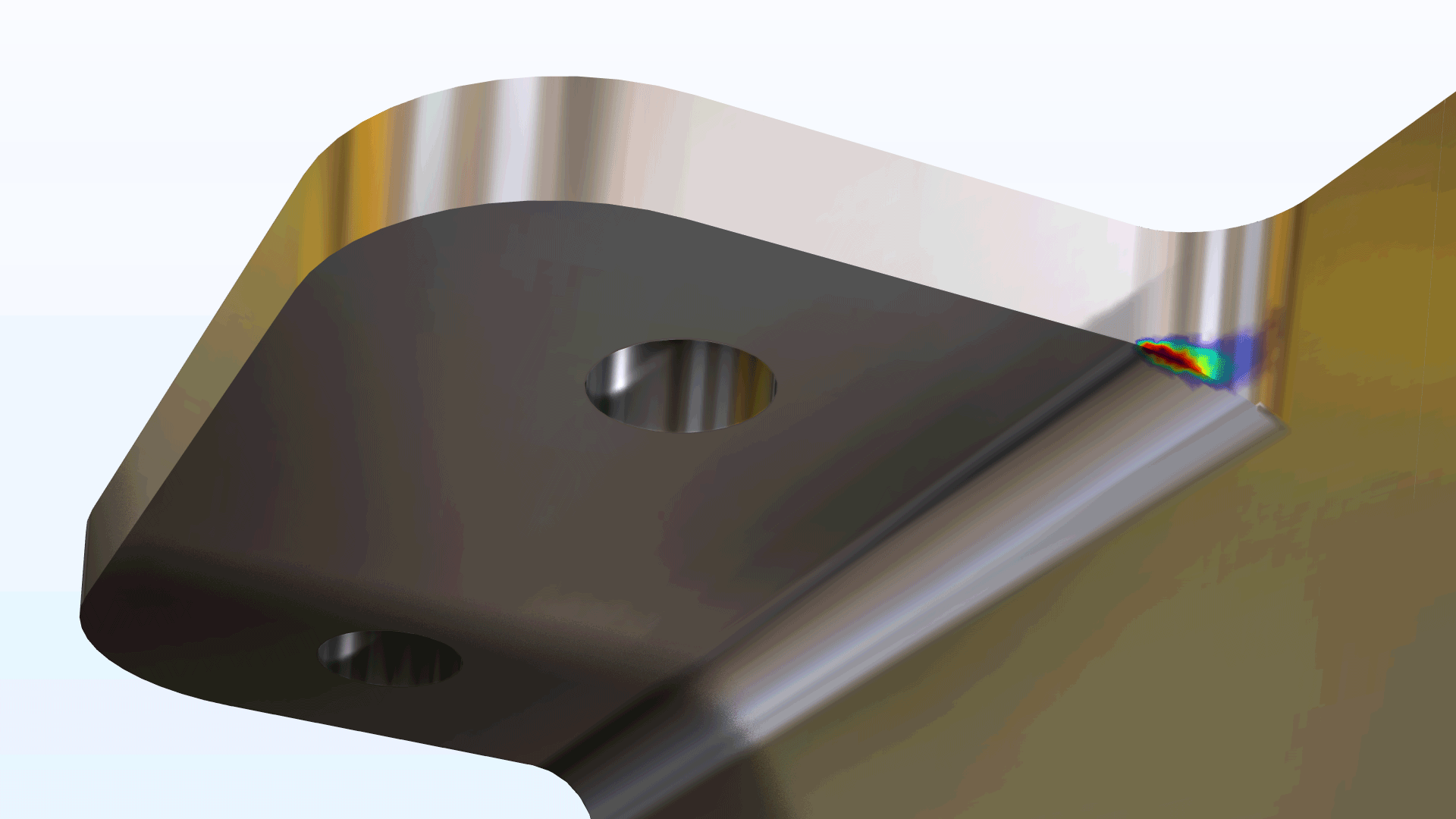 A close-up view of a bracket model showing the fatigue in the Prism color table.