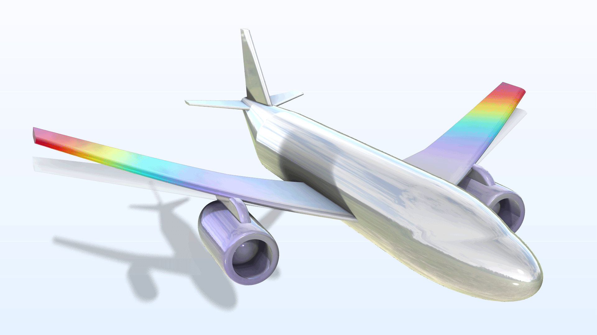 An airplane model showing the deformations of the wings in the Prism color table.