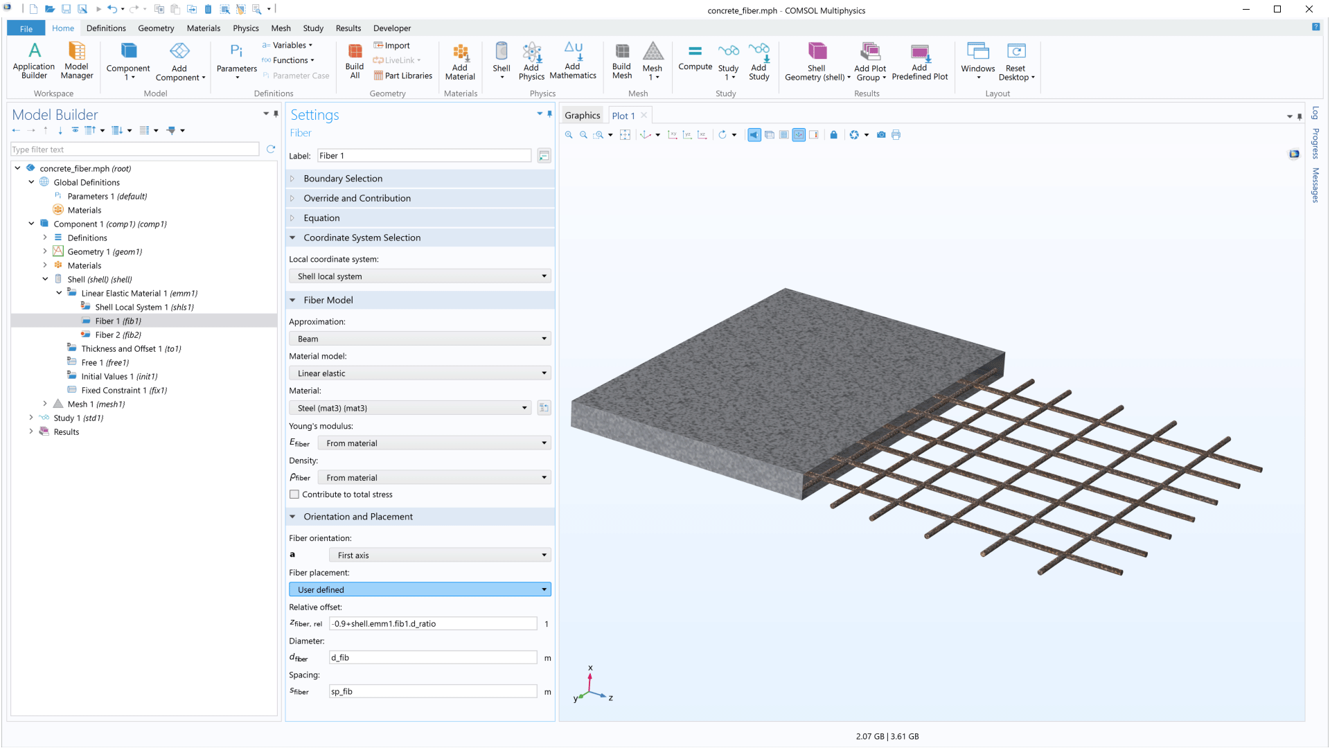 The COMSOL Multiphysics UI showing the Model Builder with the Fiber node highlighted, the corresponding Settings window, and a concrete model in the Graphics window.